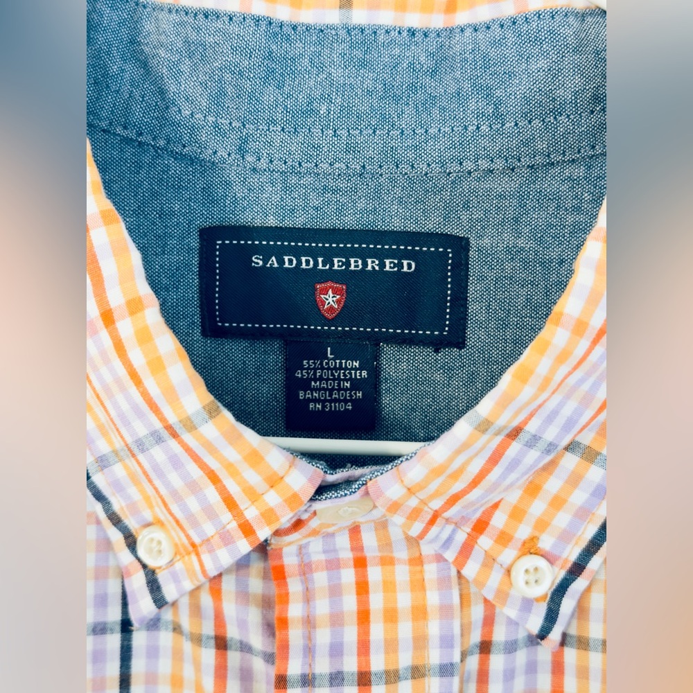 Saddlebred Orange and Blue Plaid Men's Long Sleeve Button Down Shirt Large - Picture 2 of 3